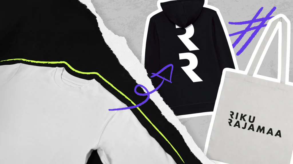 Collage aus Merchandise-Artikeln, bestehend aus einem weißen T-Shirt, einem schwarzen Hoodie und einer Stofftasche mit Namenszug.