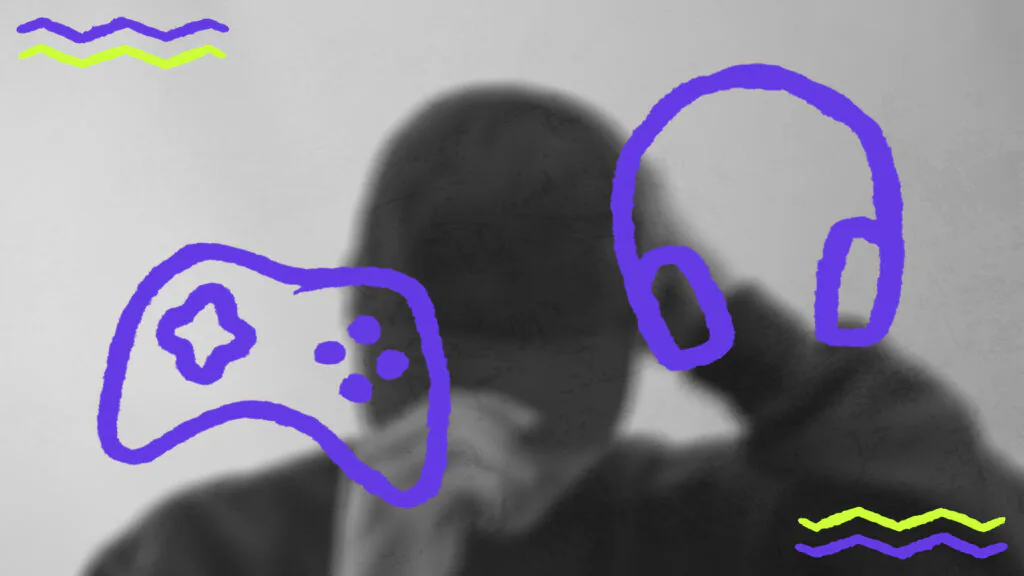 Schwarz-Weiß-Foto einer unscharfen Person im Hintergrund, überlagert mit lilafarbenen Illustrationen eines Gamecontrollers und Kopfhörern sowie neongelben Wellenlinien.