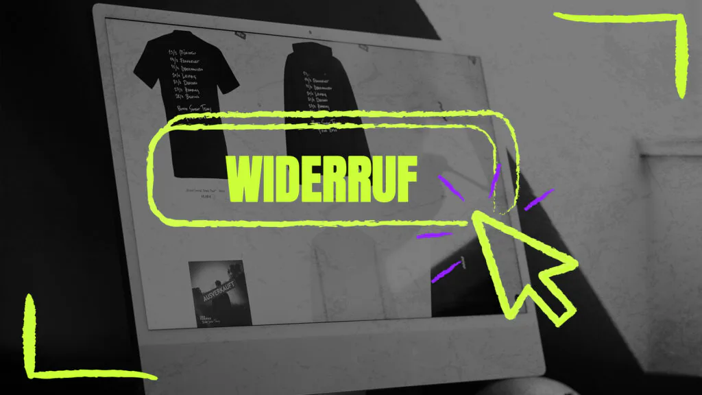 Ein Computerbildschirm mit einem Onlineshop für Kleidung, überlagert von einem großen, neongelben Button mit der Aufschrift WIDERRUF.