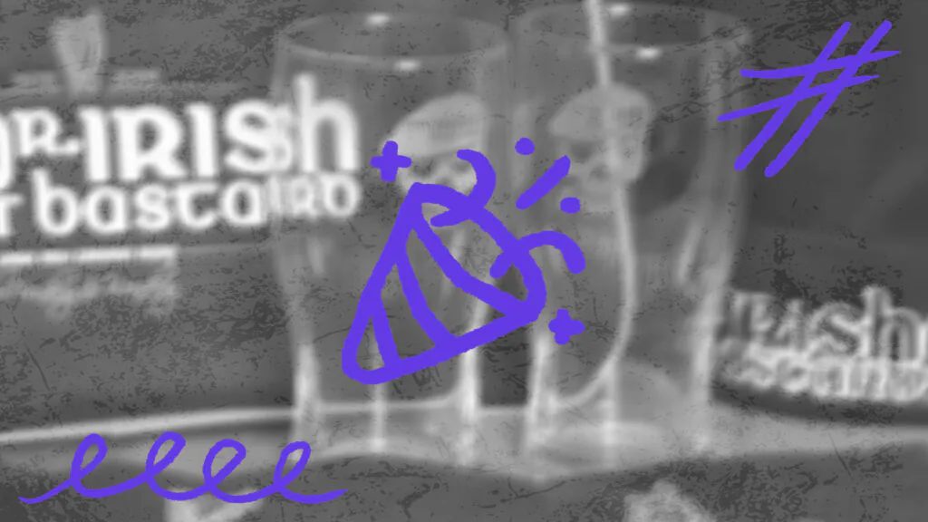 Eine Schwarz-Weiß-Aufnahme von Biergläsern mit dem Logo der Band „Mr. Irish Bastard“, überlagert von lila Party-Illustrationen wie einem Partyhut und einem Hashtag.