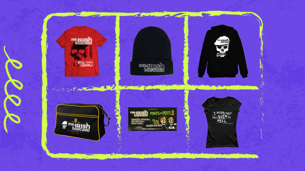 Ein lilafarbener Hintergrund mit einem neongelben Gitter, das verschiedene Merchandising-Artikel der Band „Mr. Irish Bastard“ präsentiert.