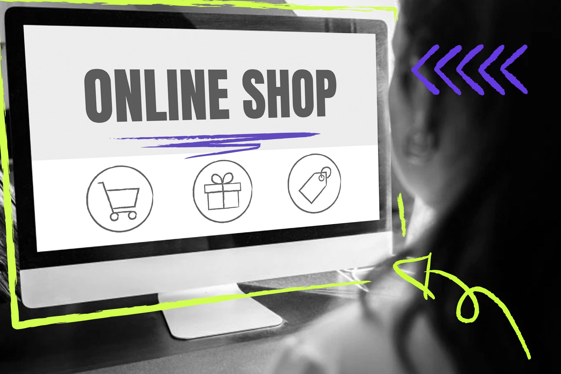 Computerbildschirm mit der Aufschrift „ONLINE SHOP“ und Symbolen für Einkaufswagen, Geschenk und Preisschild; im Vordergrund ist eine Person von hinten zu sehen, ergänzt durch farbige grafische Pfeile und Markierungen.