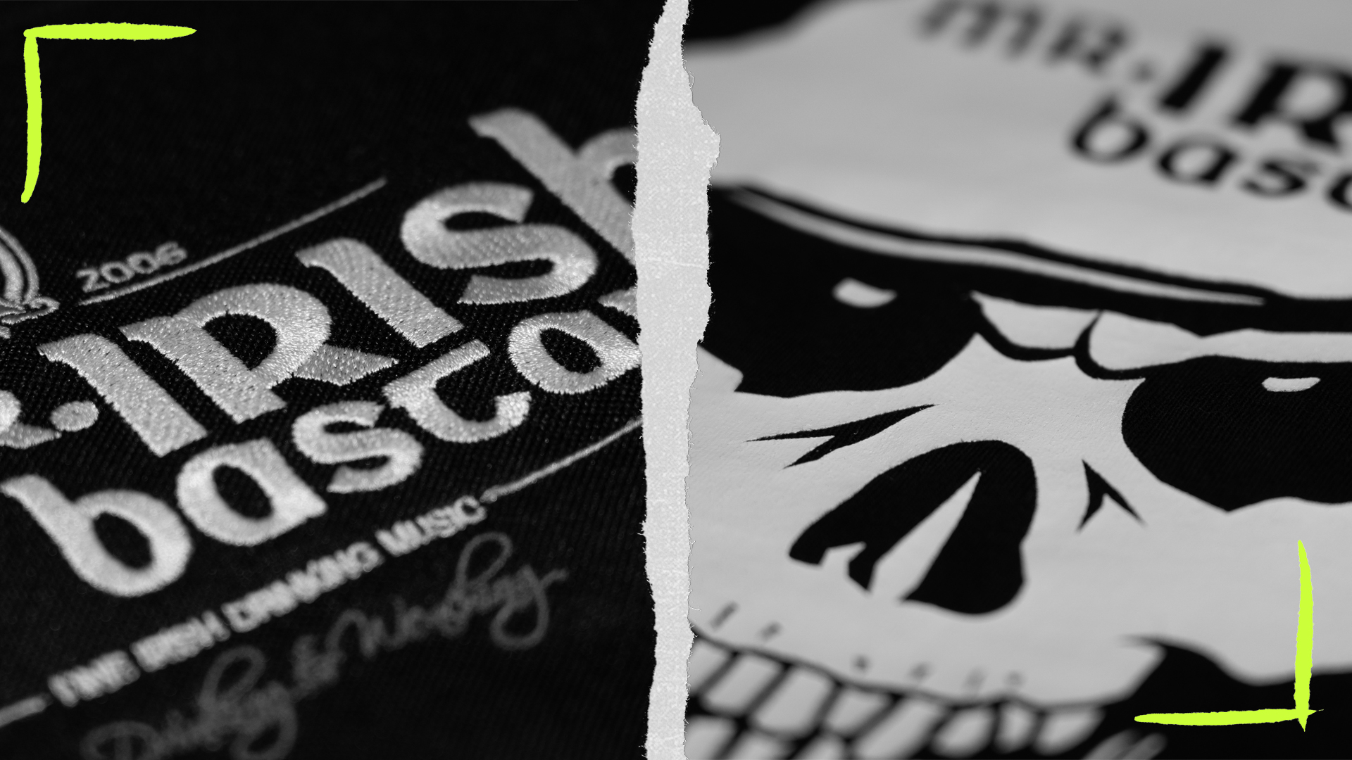 Eine schwarz-weiße Bild-Collage, die links ein gesticktes Logo und rechts einen Siebdruckprodukt zeigt.