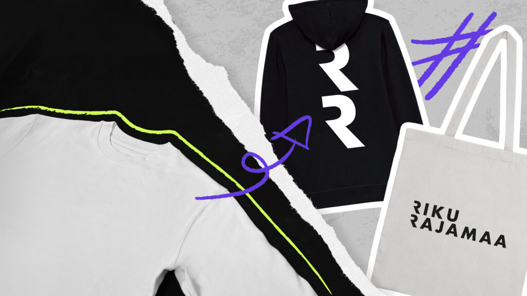 Collage aus Merchandise-Artikeln, bestehend aus einem weißen T-Shirt, einem schwarzen Hoodie und einer Stofftasche mit Namenszug.