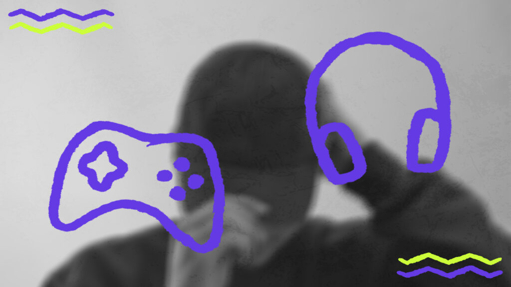 Schwarz-Weiß-Foto einer unscharfen Person im Hintergrund, überlagert mit lilafarbenen Illustrationen eines Gamecontrollers und Kopfhörern sowie neongelben Wellenlinien.