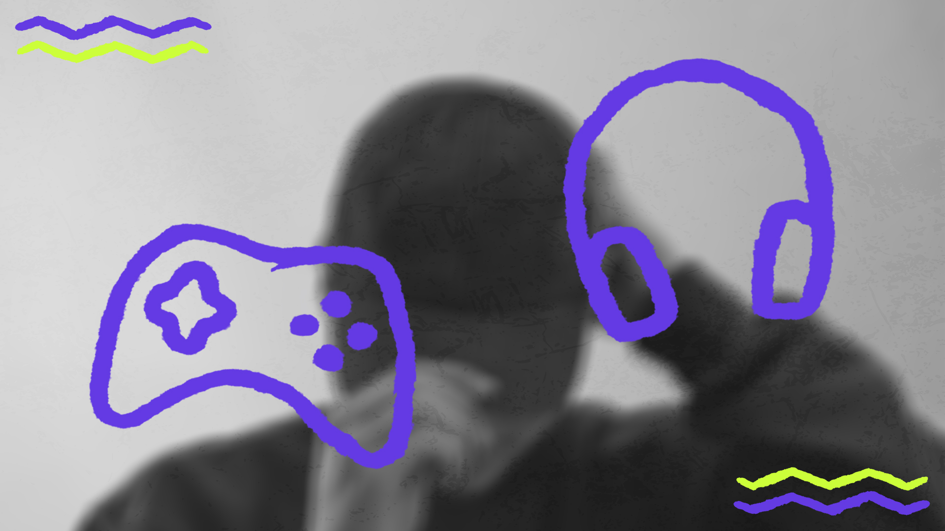 Schwarz-Weiß-Foto einer unscharfen Person im Hintergrund, überlagert mit lilafarbenen Illustrationen eines Gamecontrollers und Kopfhörern sowie neongelben Wellenlinien.