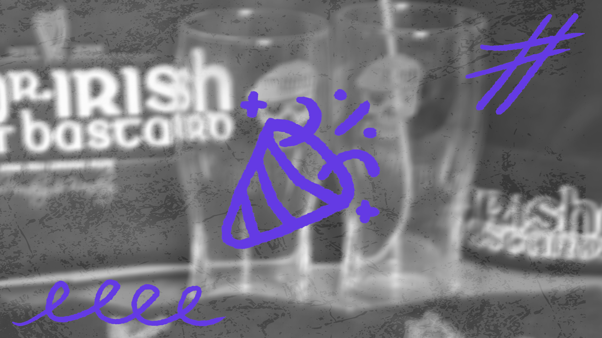Eine Schwarz-Weiß-Aufnahme von Biergläsern mit dem Logo der Band „Mr. Irish Bastard“, überlagert von lila Party-Illustrationen wie einem Partyhut und einem Hashtag.
