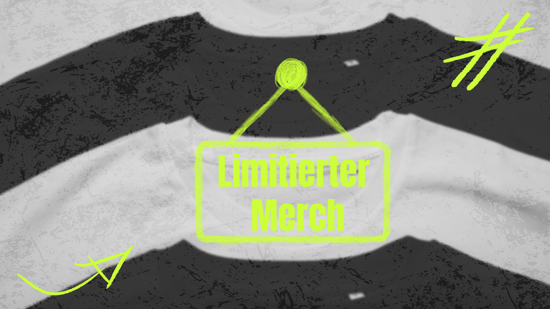 Grafik mit schwarz-weißen Langarmshirts und neongelben Skizzen-Elementen. Im Zentrum hängt ein Schild mit der Aufschrift „Limitierter Merch“