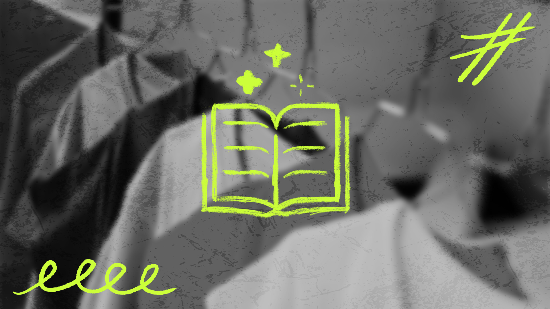 Eine Illustration in Schwarz-Weiß, die im Hintergrund unscharfe Kleidungsstücke an einer Kleiderstange zeigt. Im Vordergrund sind neongelbe Grafiken im Skizzenstil drübergelegt: Ein aufgeschlagenes Buch in der Mitte, umgeben von Glitzersymbolen, einer Wellenlinie unten links und einem Rautensymbol (Hashtag) oben rechts.