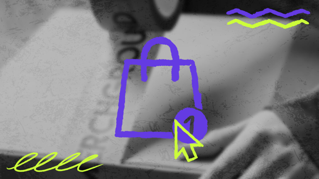Eine schwarz-weiße Hintergrundgrafik eines Pakets, überlagert mit einer lila Illustration einer Einkaufstasche und einem neongrünen Mauszeiger.