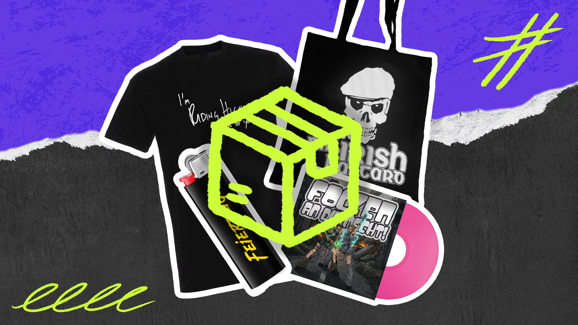 Eine Collage aus verschiedenen Fan-Artikeln wie einem T-Shirt, einem Stoffbeutel und einer CD vor einem lila-schwarzen Hintergrund, überlagert von der neongrünen Umrissgrafik eines Pakets.