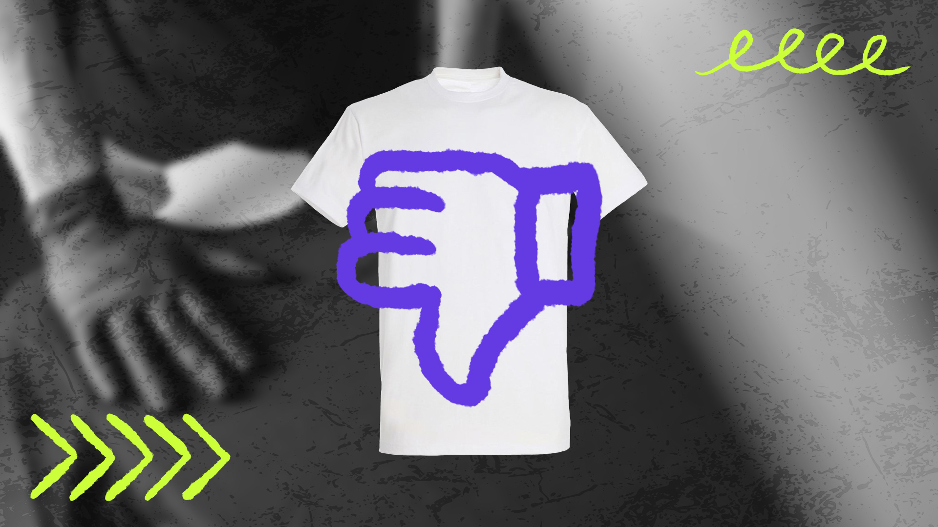 Illustration eines weißen T-Shirts mit einem großen, lilafarbenen „Daumen runter“-Symbol vor einem dunklen, abstrakten Hintergrund.