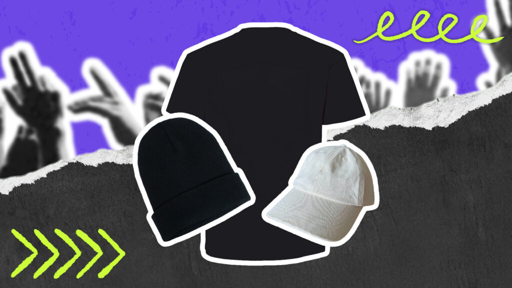 Eine Collage aus Fanartikeln vor einem lilafarbenen Hintergrund mit Hand-Silhouetten: Im Zentrum steht ein schwarzes T-Shirt. Davor platziert sind eine schwarze Beanie-Mütze und eine weiße Basecap