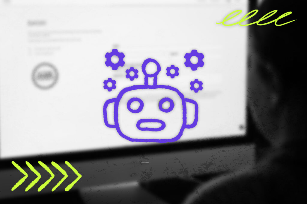 Digitale Illustration eines lilafarbenen Roboter-Kopfes mit Zahnrädern darüber