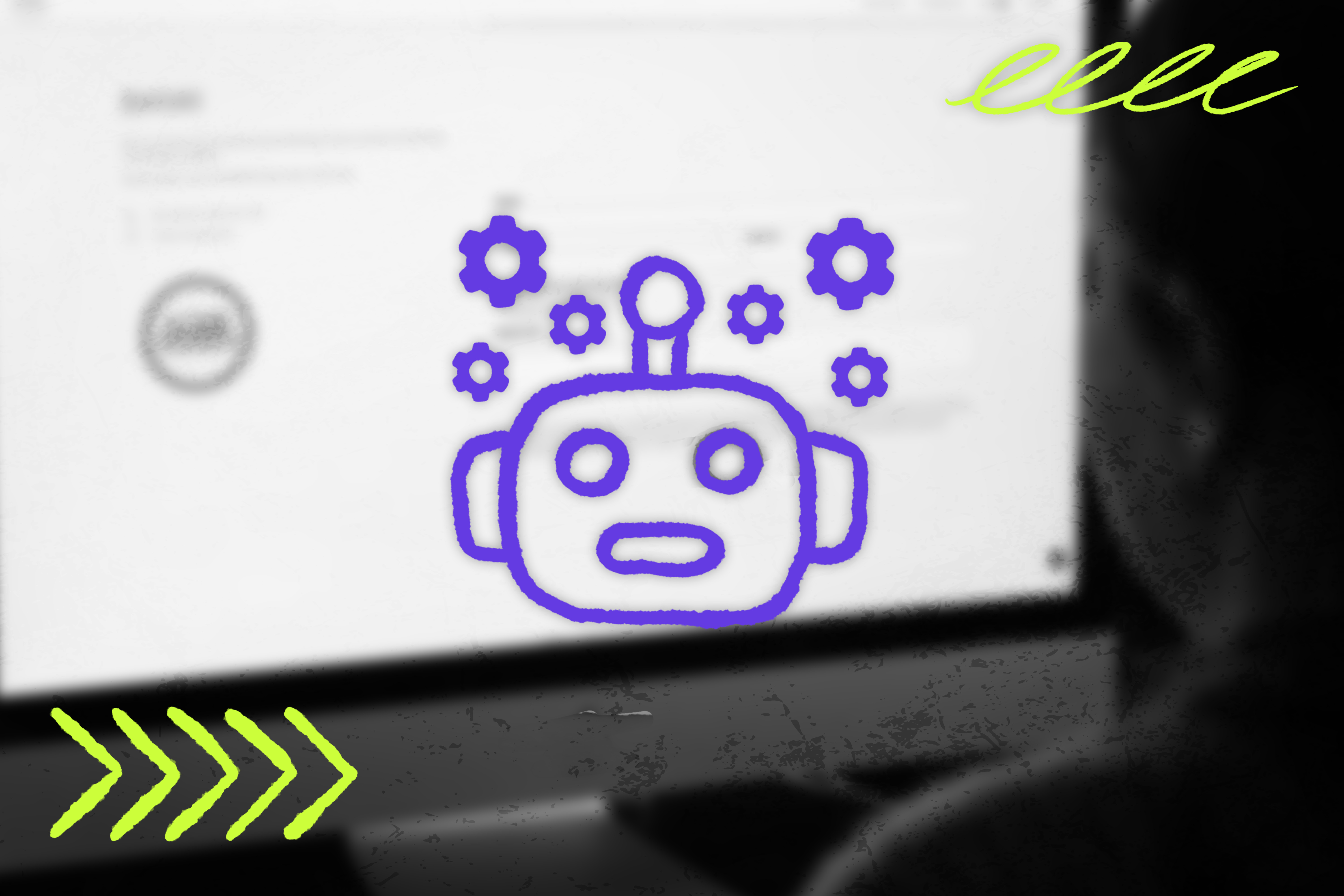 Digitale Illustration eines lilafarbenen Roboter-Kopfes mit Zahnrädern darüber