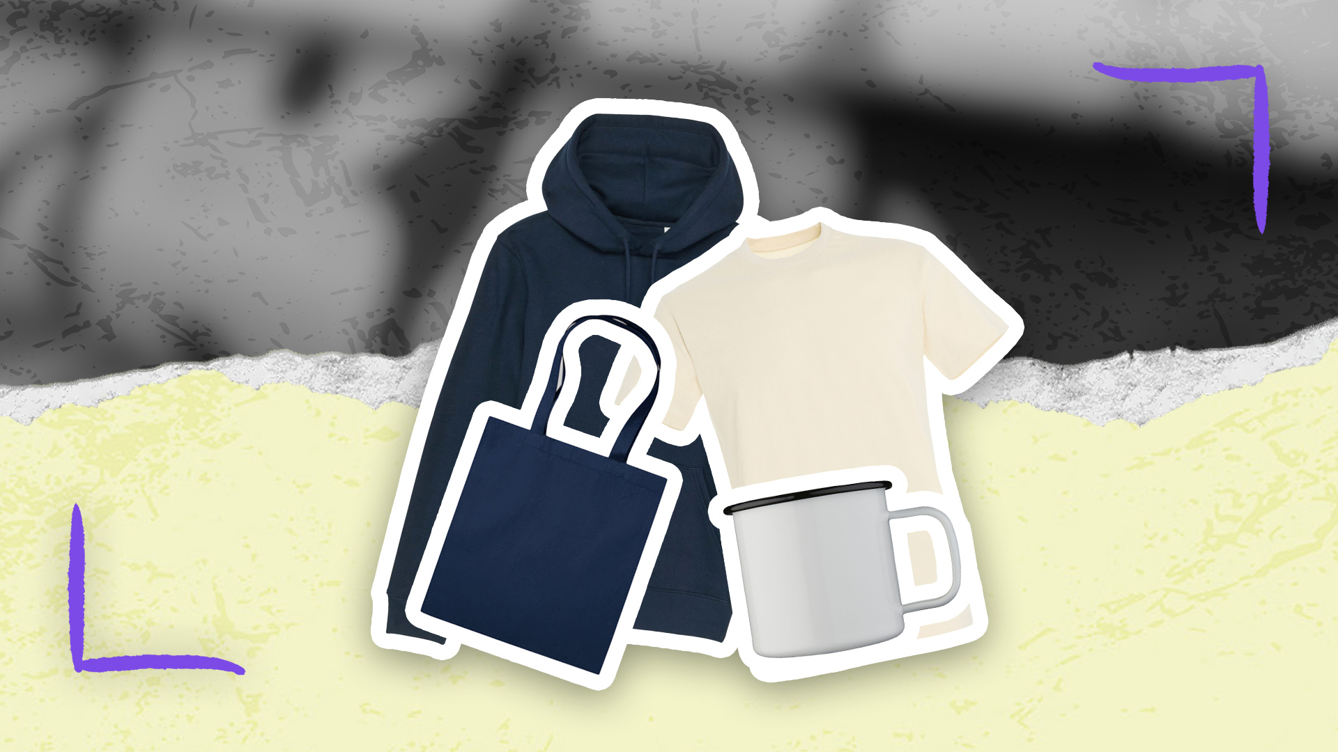 Das Bild zeigt eine minimalistische Collage aus Alltagsgegenständen: einem dunkelblauen Hoodie, einem cremefarbenen T-Shirt, einer blauen Stofftasche und einer weißen Tasse vor einem zweifarbigen, strukturierten Hintergrund.