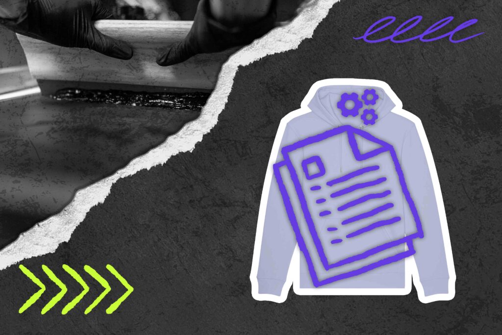 Grafik zur Textilveredelung: Rakel beim Siebdruck, Hoodie mit Dokument- und Zahnrad-Symbolen auf dunklem Hintergrund mit grafischen Akzenten in Lila und Grün.