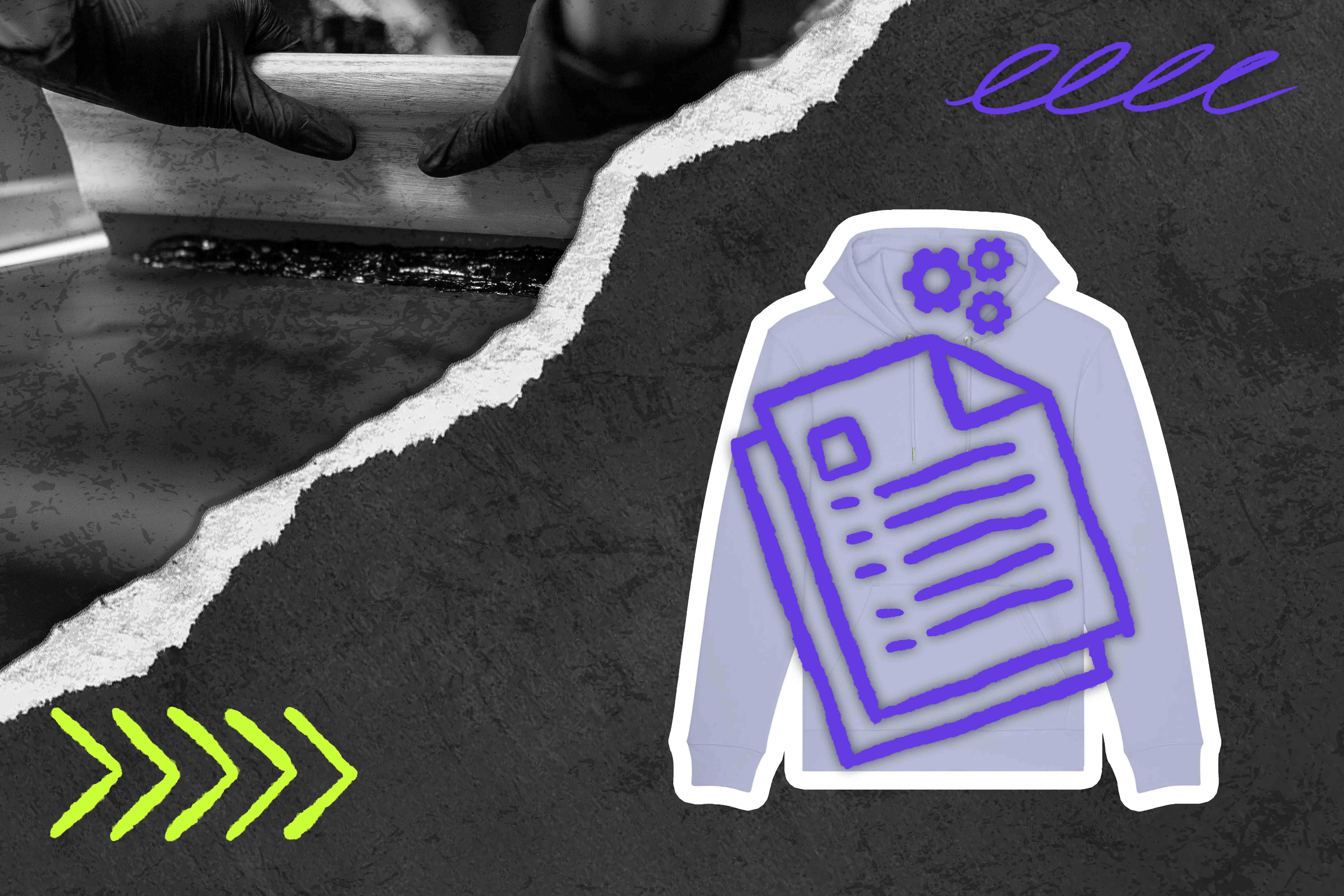 Grafik zur Textilveredelung: Rakel beim Siebdruck, Hoodie mit Dokument- und Zahnrad-Symbolen auf dunklem Hintergrund mit grafischen Akzenten in Lila und Grün.