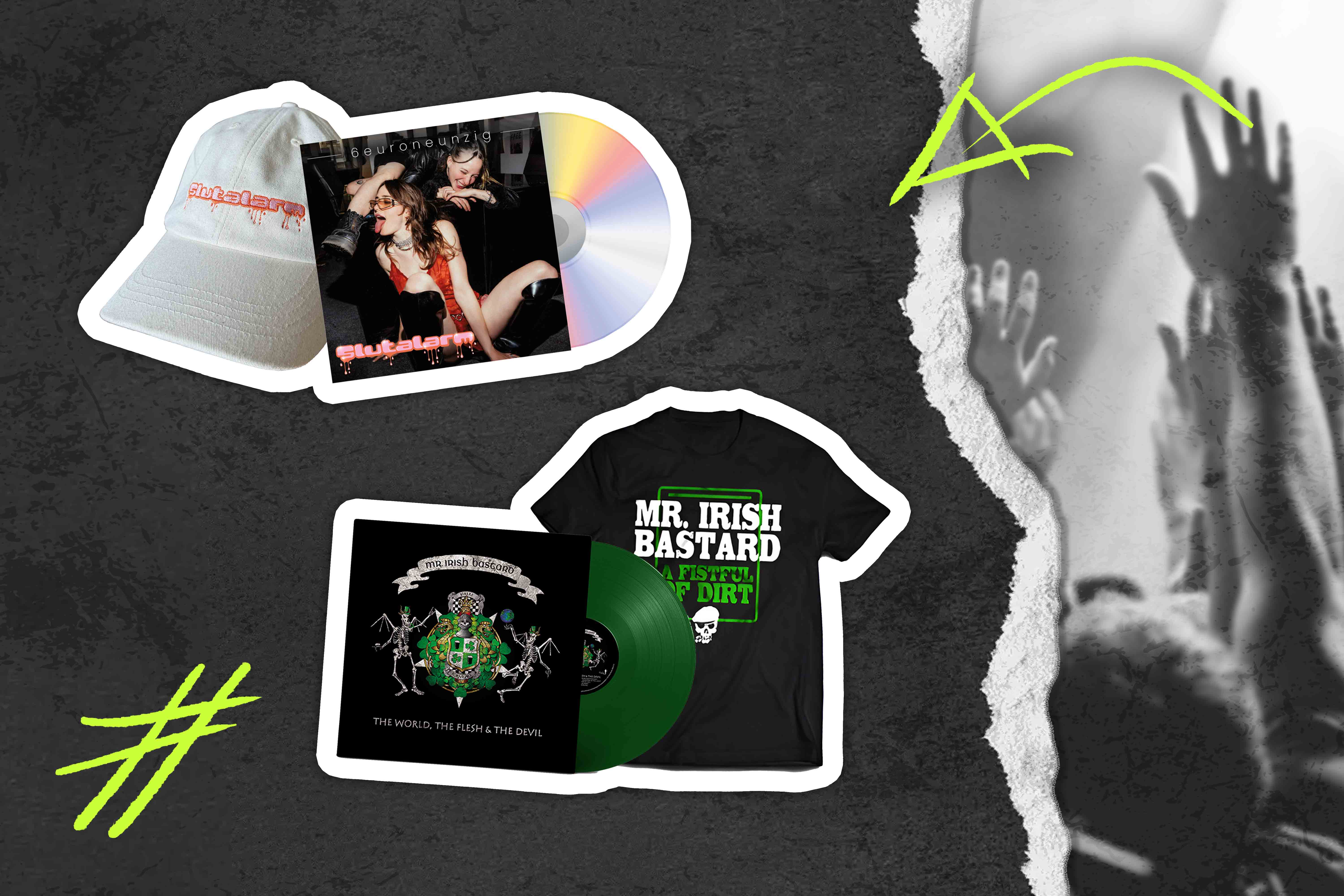 Merch-Bundles zum Albumrelease mit Caps, CDs, Vinyl und T-Shirts vor Konzertkulisse – Beispiele für kreative Fan-Pakete und Sammlerangebote.