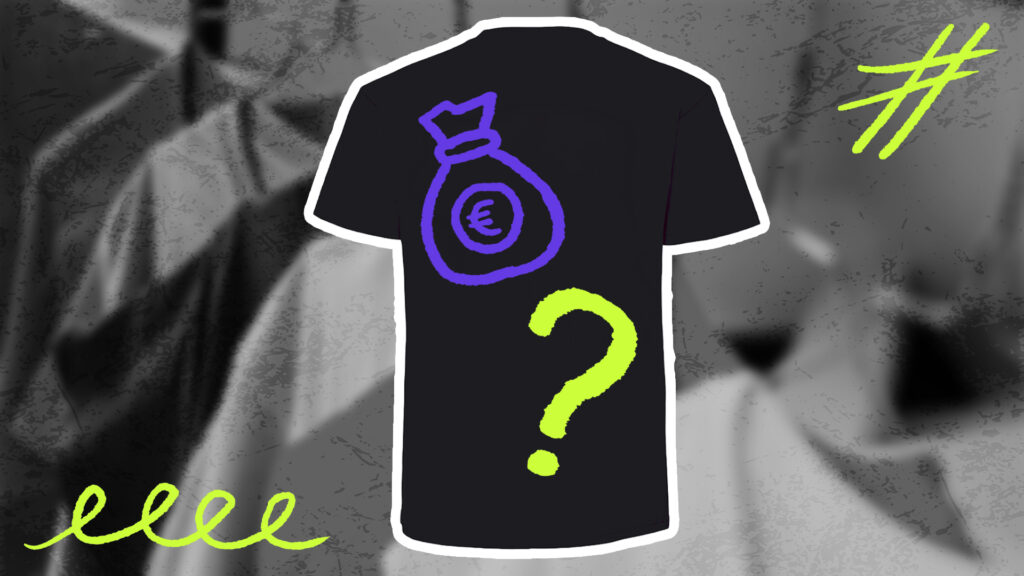 Ein T-Shirt mit einem Geldbeutel und einem Fragezeichen darauf plaziert