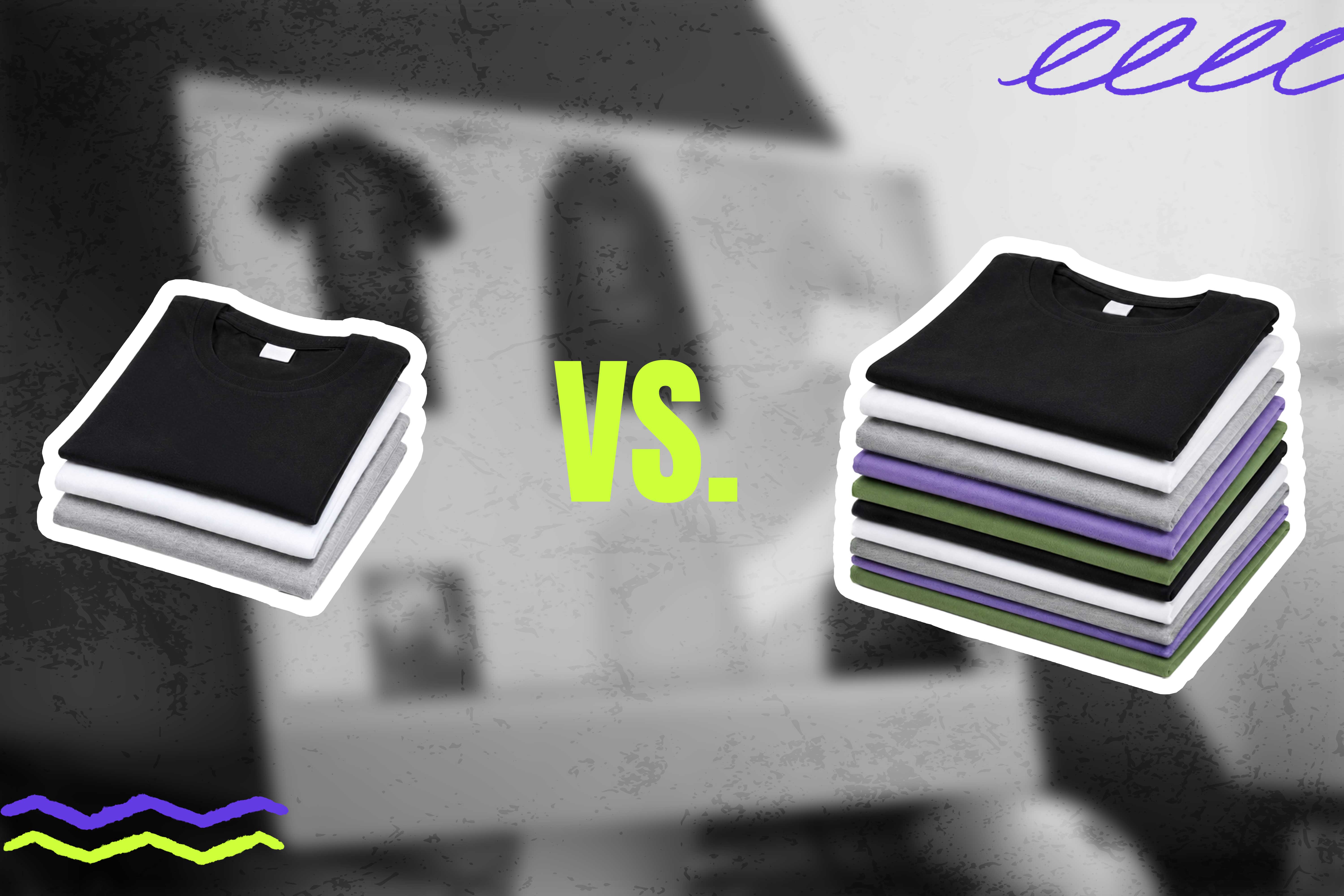 Links ein kleiner stapel t-shirts. in der Mitte steht versus und rechts ein großer stapel an t-shirts.