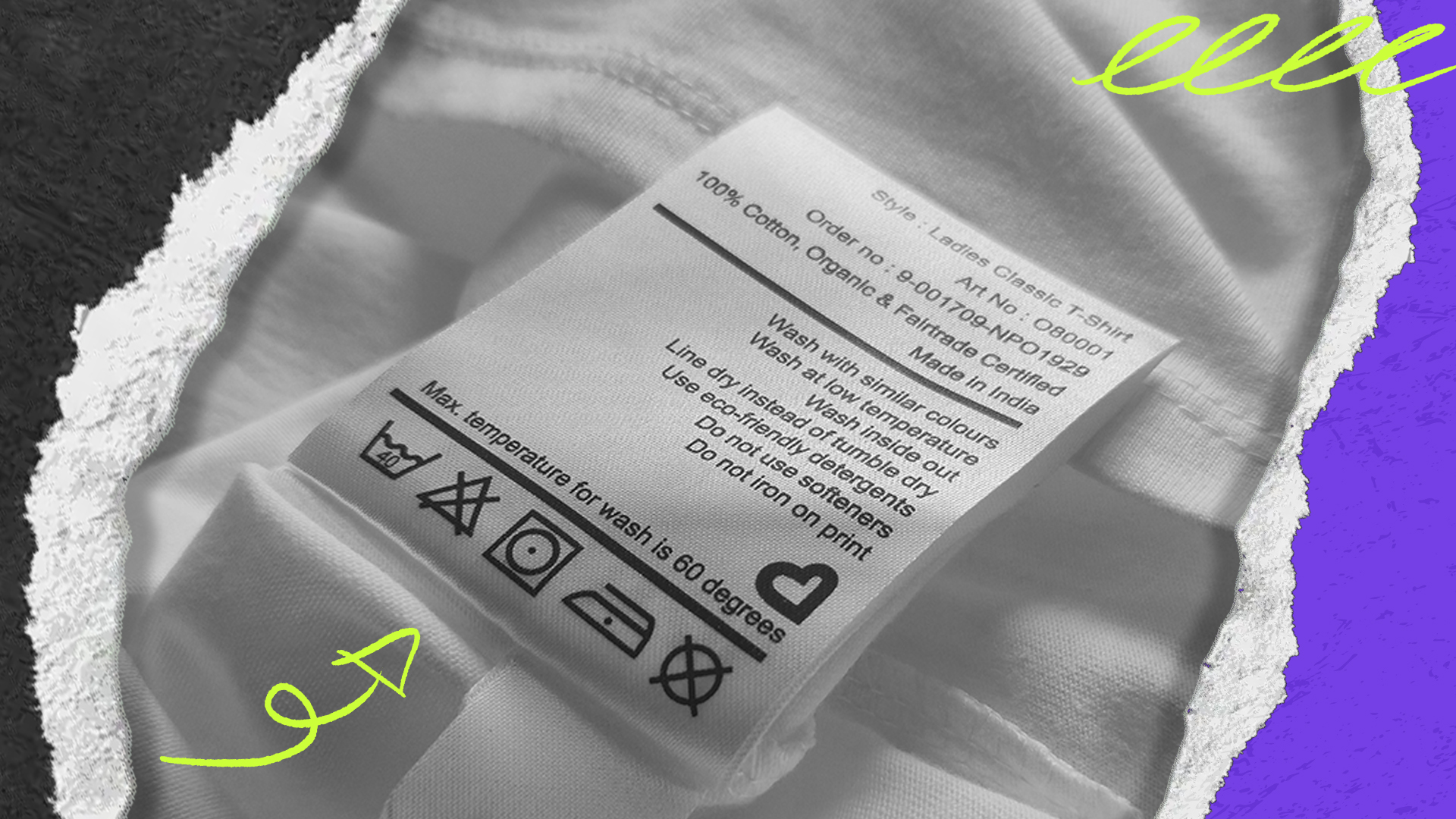 Ein Waschlabel, von einem T-Shirt, auf das ein Pfeil von unten links zeigt