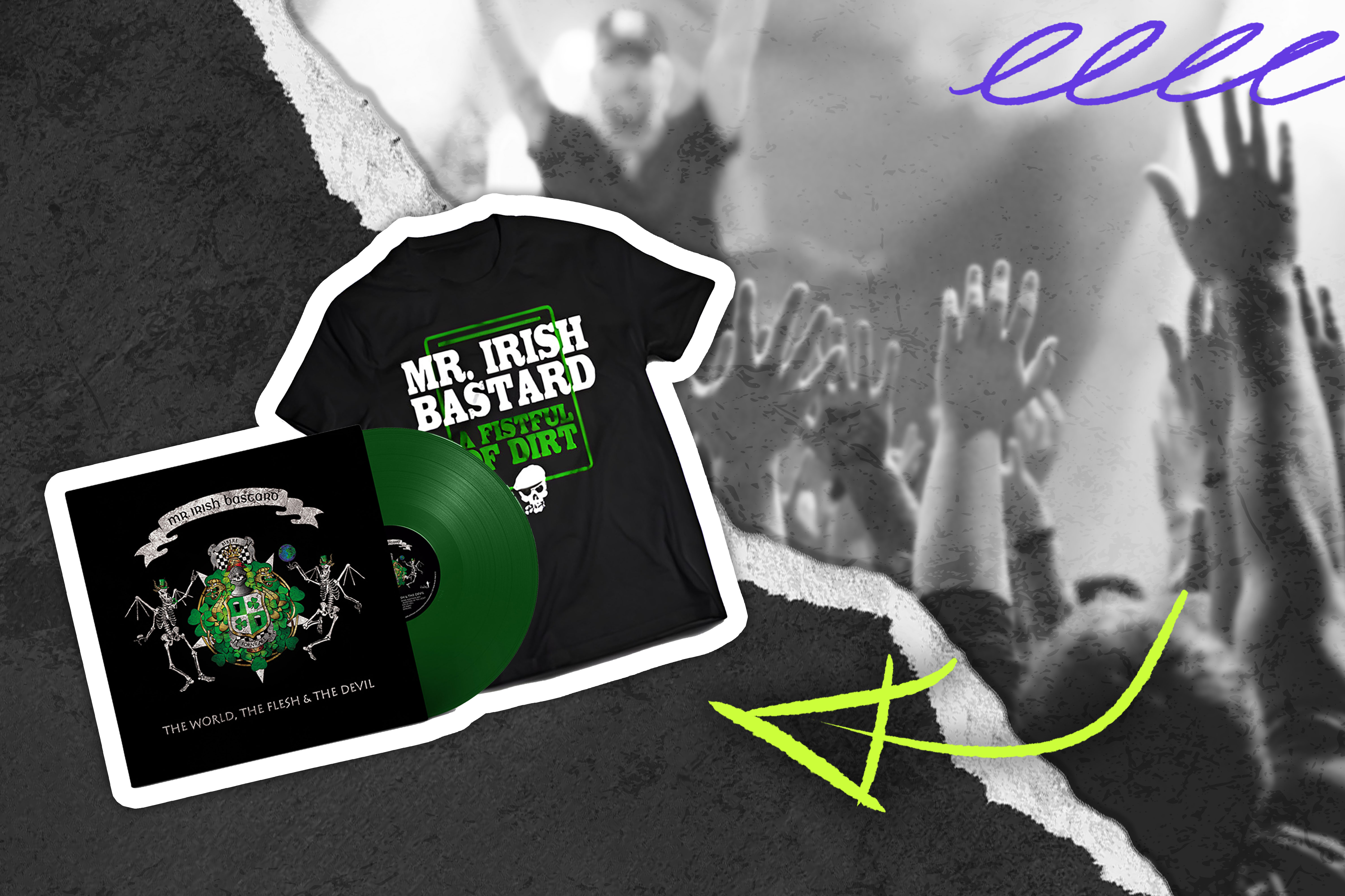Im Hintergrund rechts eine Menschenmenge mit Armen in die Höhe. ein Pfeil unten der in den Vordergrund auf ein Bundle mit T-Shirt und einer Vinyl-Platte zeigt, die links im Vordergrund ist.