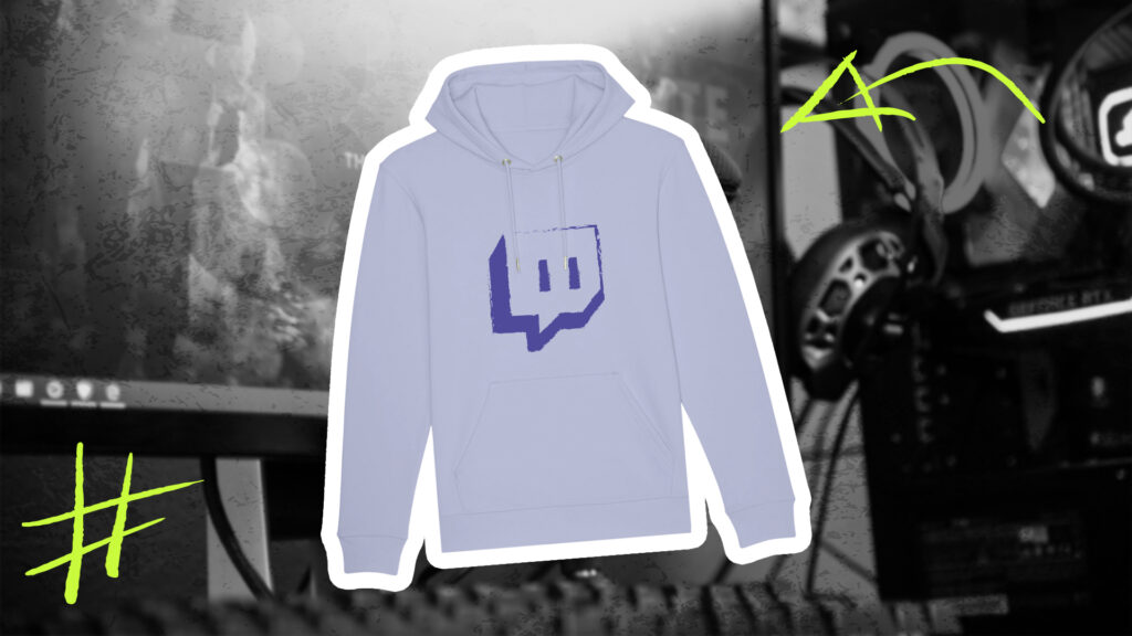 Pullover mit lilanem Twitch Logo auf der Brust