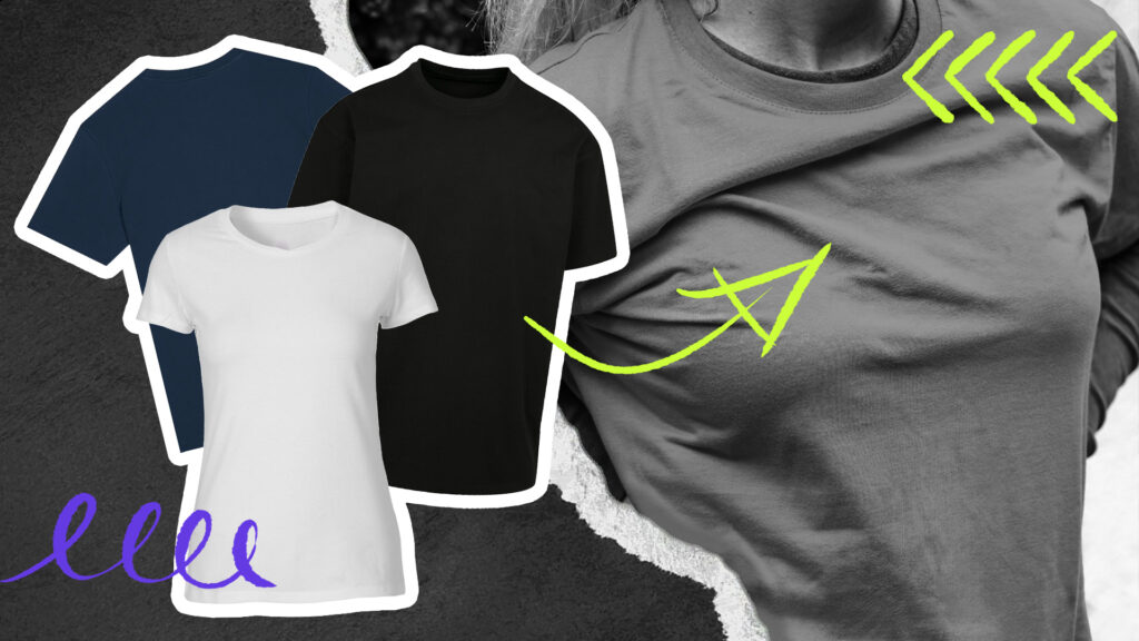 Im Vordergrund drei Shirts mit verschiednen Schnitten(Oversized, Unisex und Women-fit). Im Hintergrund ein Shirt was von einer weiblichen Person getragen wird. Ein Pfeil zeigt von den drei Shirts im Vordergrund auf das eine Shirt im Hintergrund.