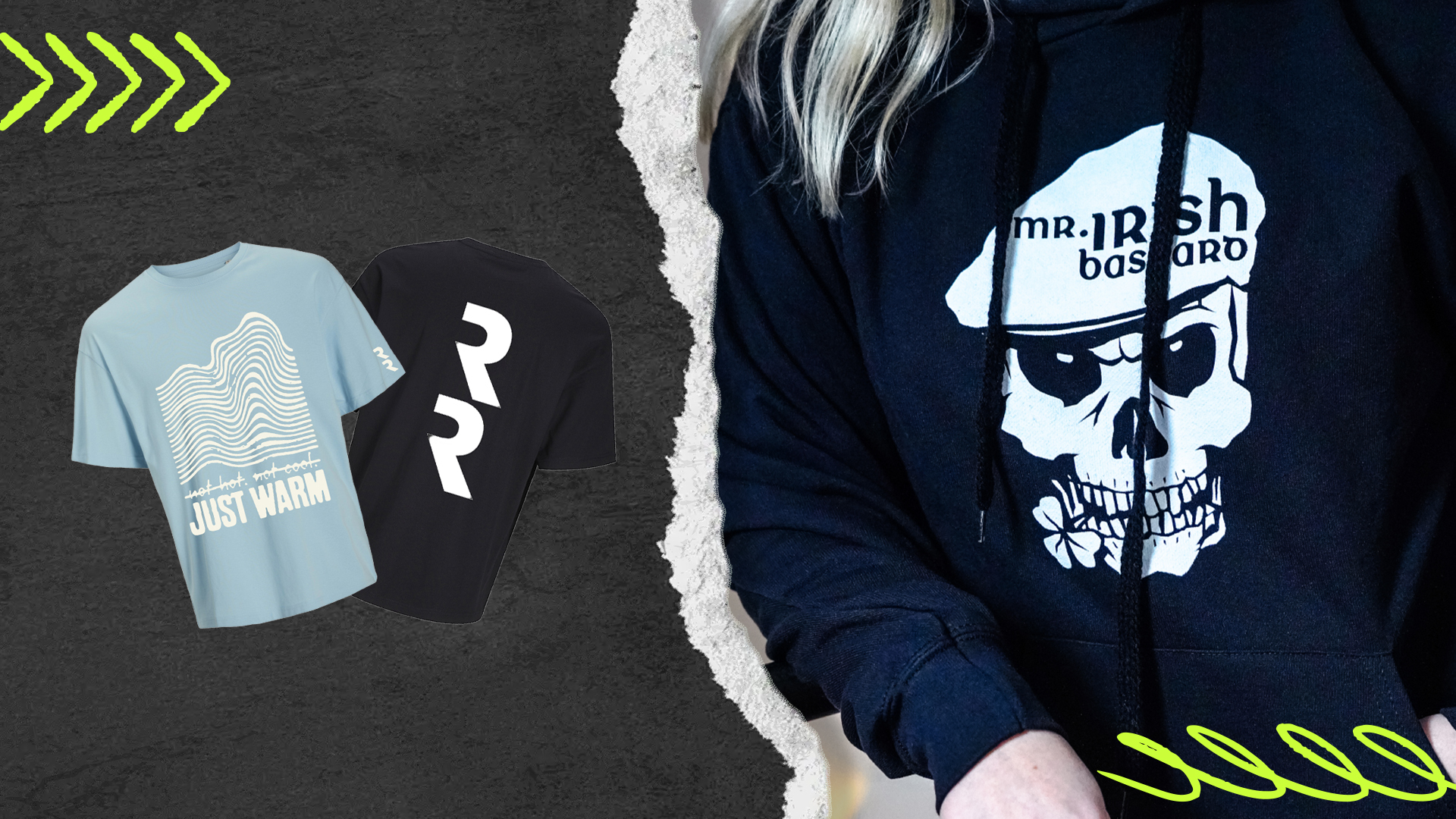 Links Zwei Shirts eines mit Backrint und eines mit Frontprint und Ärmelprint. und Rechts ein Hoodie mit Frontprint der von einer Person getragen wird.